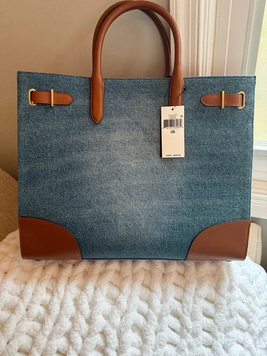 Stunning NWT Ralph Lauren Denim Tote Bag with Brown Leather Accents - Picture 1 of 4